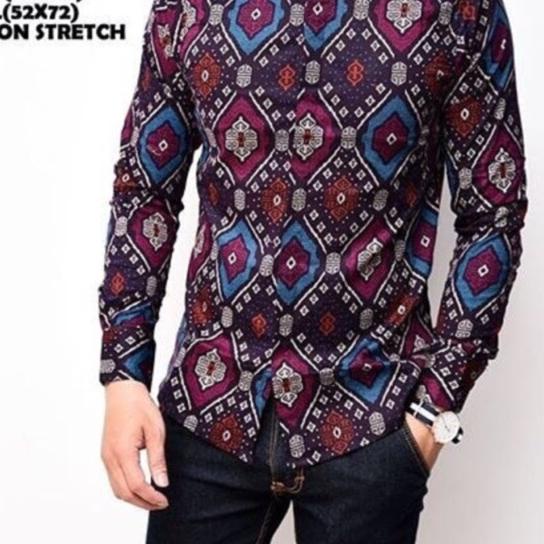✾ ALJOSA kemeja pria lengan panjang batik songket motif ketupat ungu 3825 ☂