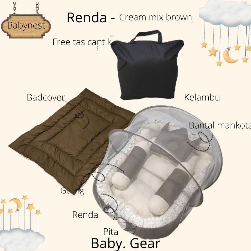 Setiadikidstore Paket Lengkap BabyNest Renda Motif Polos Cream mix Brown set Badcover Free Tas
