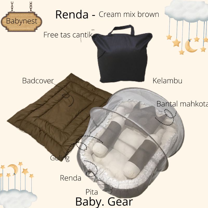Setiadikidstore Paket Lengkap BabyNest Renda Motif Polos Cream mix Brown set Badcover Free Tas