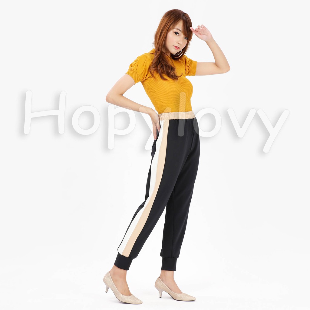 HOPYLOVY - Celana Jogger Wanita List Bahan Scuba Laila