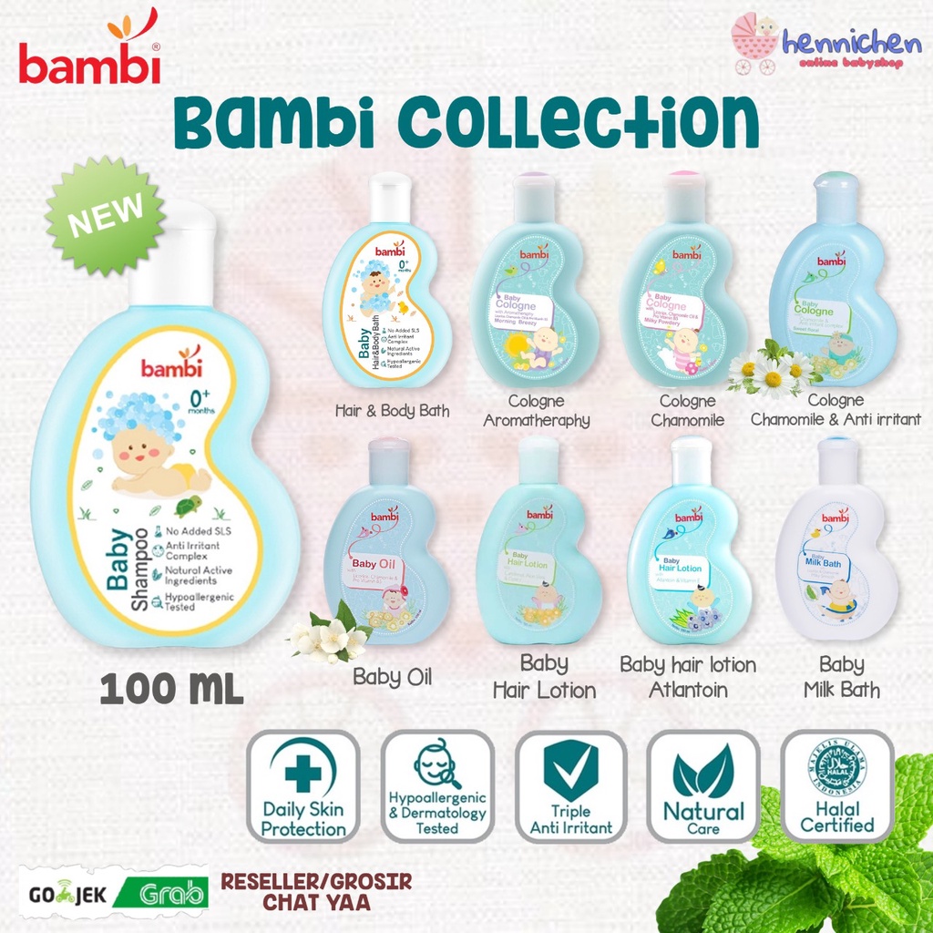 Bambi Baby Cologne Sweet Floral / Milky Powdery / Morning Breezy Parfum bayi/ Milk Bath/ Hair Lotion/ Bambi Shampo 100ml /  Compact Powder /Anti Mosquito / bambi Face Cream / bambi Diaper /Prickly Powder / bambi Mild Lotion / bambi Sunscreen /  Bambi Mild