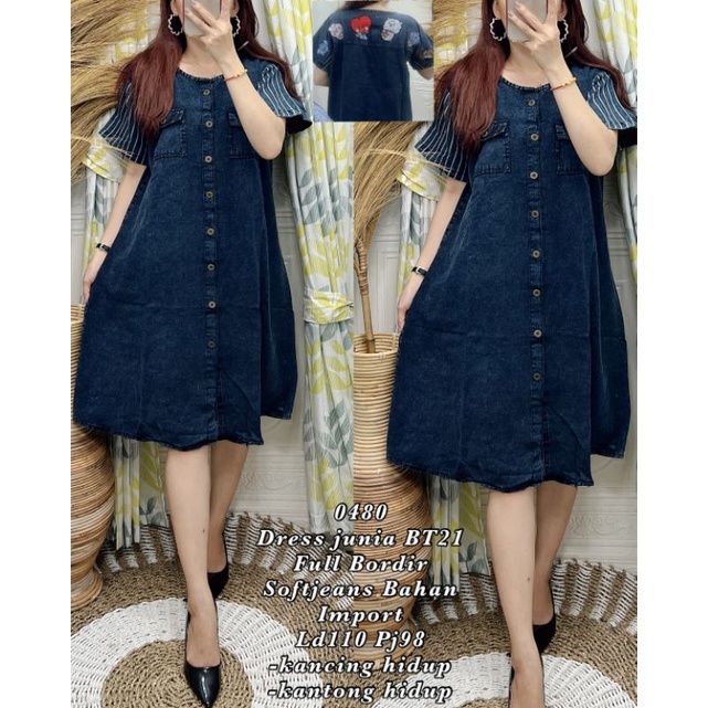0480 Dress Junia BT21 Wanita Full Bordir Bahan Soft Jeans Import
