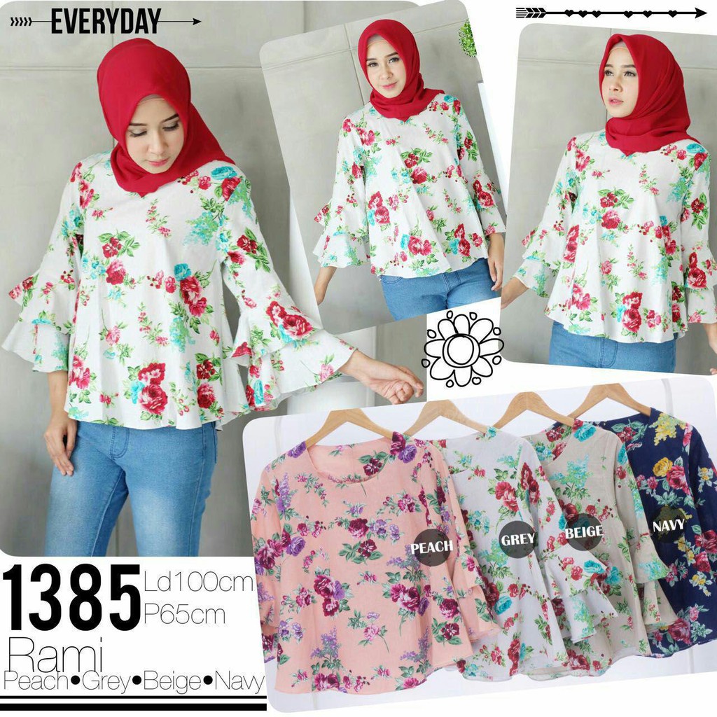 Atasan blouse wanita muslim muslimah lengan panjang motif bunga rami