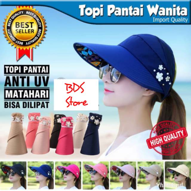 Topi pantai wanita import, topi anti UV gulung