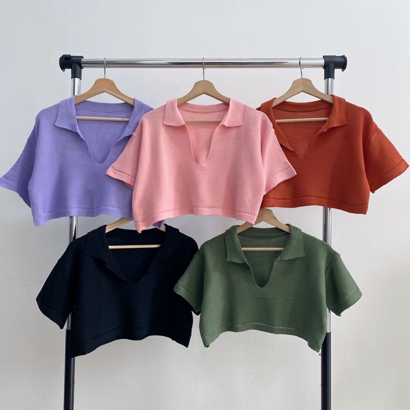 Crop Oversize Collar Knit Top baju rajut crop crop tee import baju crop premium baju cewek import ba