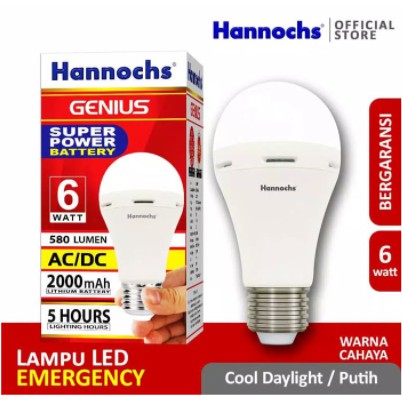 Hannochs Lampu LED Emergency Genius 6W Putih AC/DC 6 Watt Fitting