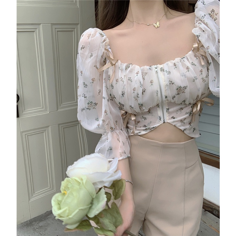 Suhao Kemeja Sifon Wanita Perancis Floral Kemeja Lengan Pendek Chic Skinny Crop Top