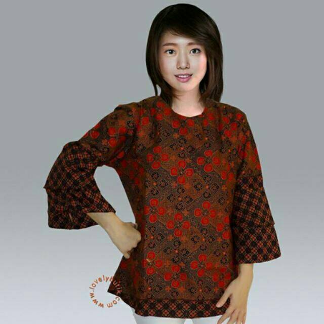 Lovelybutik Blouse Batik Bunga Atasan Wanita Batik Blouse Lengan Panjang Gantung Murah