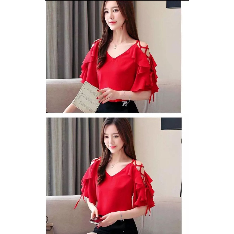 INV - BLOUSE WANITA / NATASHA / RED / TALI BAHU / RUFFLLE / KOREAN / TERBARU