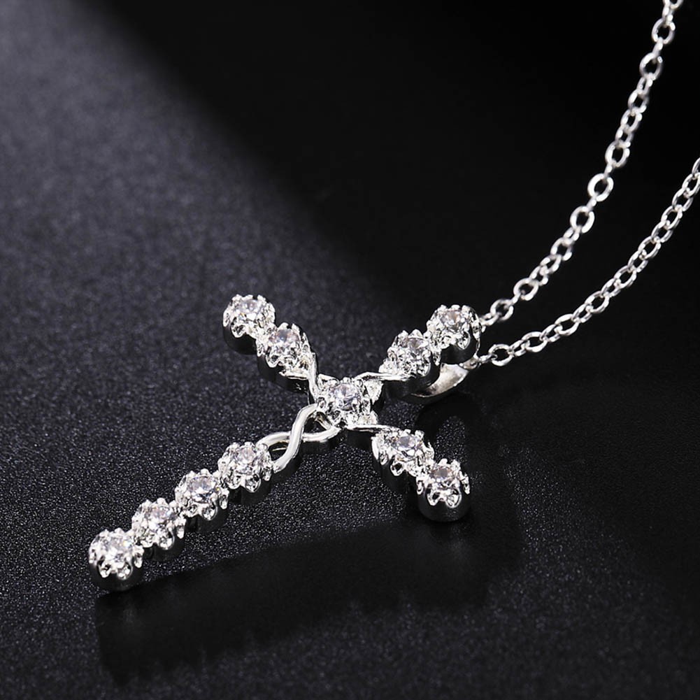 Ladies 925 Sterling Silver Plated Full Diamond Crystal Cross Pendant Necklace