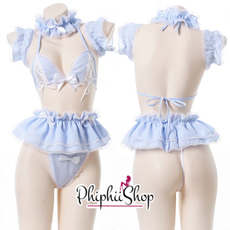 Set Lingerie Sexy Bikini &amp; Rok &amp; Bando Model Maid Ribbon Biru Eropa