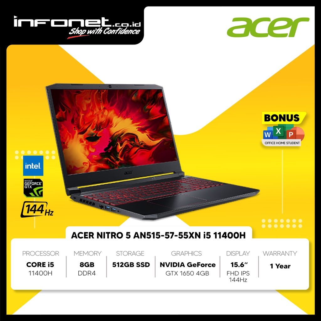 ACER NITRO 5  AN515-57-55XN i5 11400H 8GB 512GB SSD GTX1650 4GB 15.6" FHD IPS 144Hz W11 OHS21