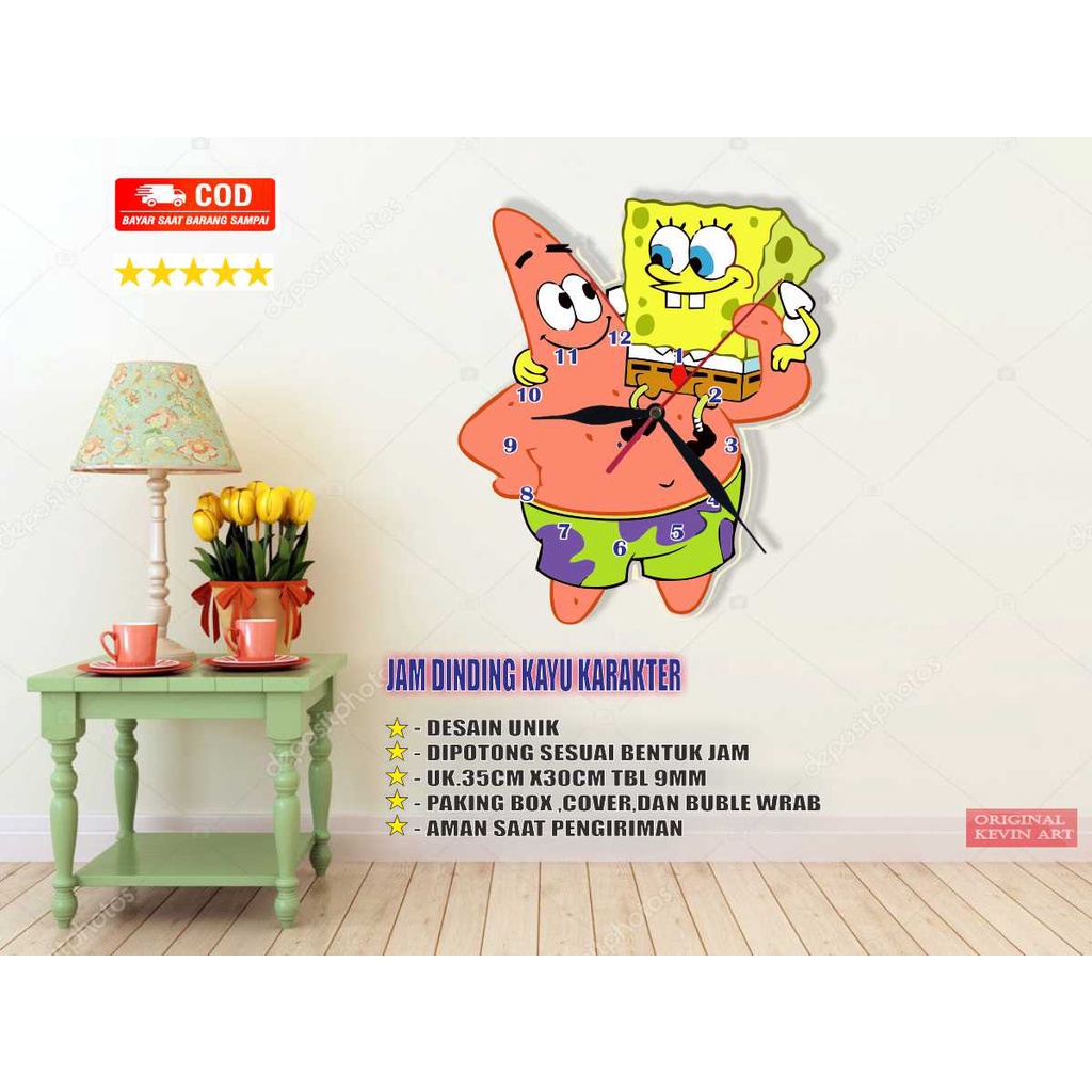 JAM DINDING ANAK ANIMASI SPONGEBOB HIASAN DEKORASI PAJANGAN UNIK BESAR KEVINART TERBARU FURNITURE