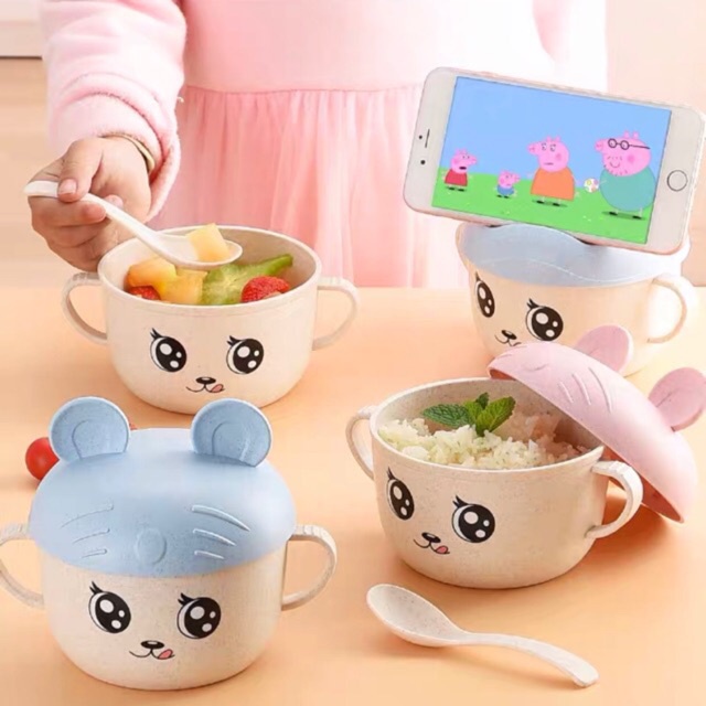 SET GELAS MANGKOK SENDOK ANAK KARAKTER WHEAT STRAW - GROSIR UNITED SURABAYA