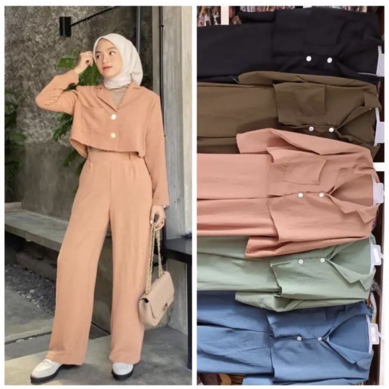 OneSet Diana Oneset Crincle Setelan Wanita Lengan Panjang Crop Top