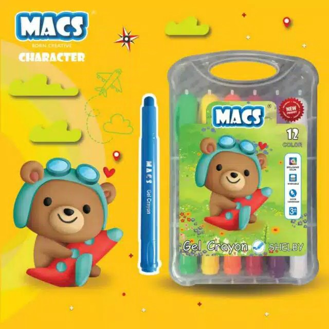 Krayon MACS Gel Crayon 12 Color/Warna Aman untuk anak dan Mudah dibersihkan Washable - 1 set