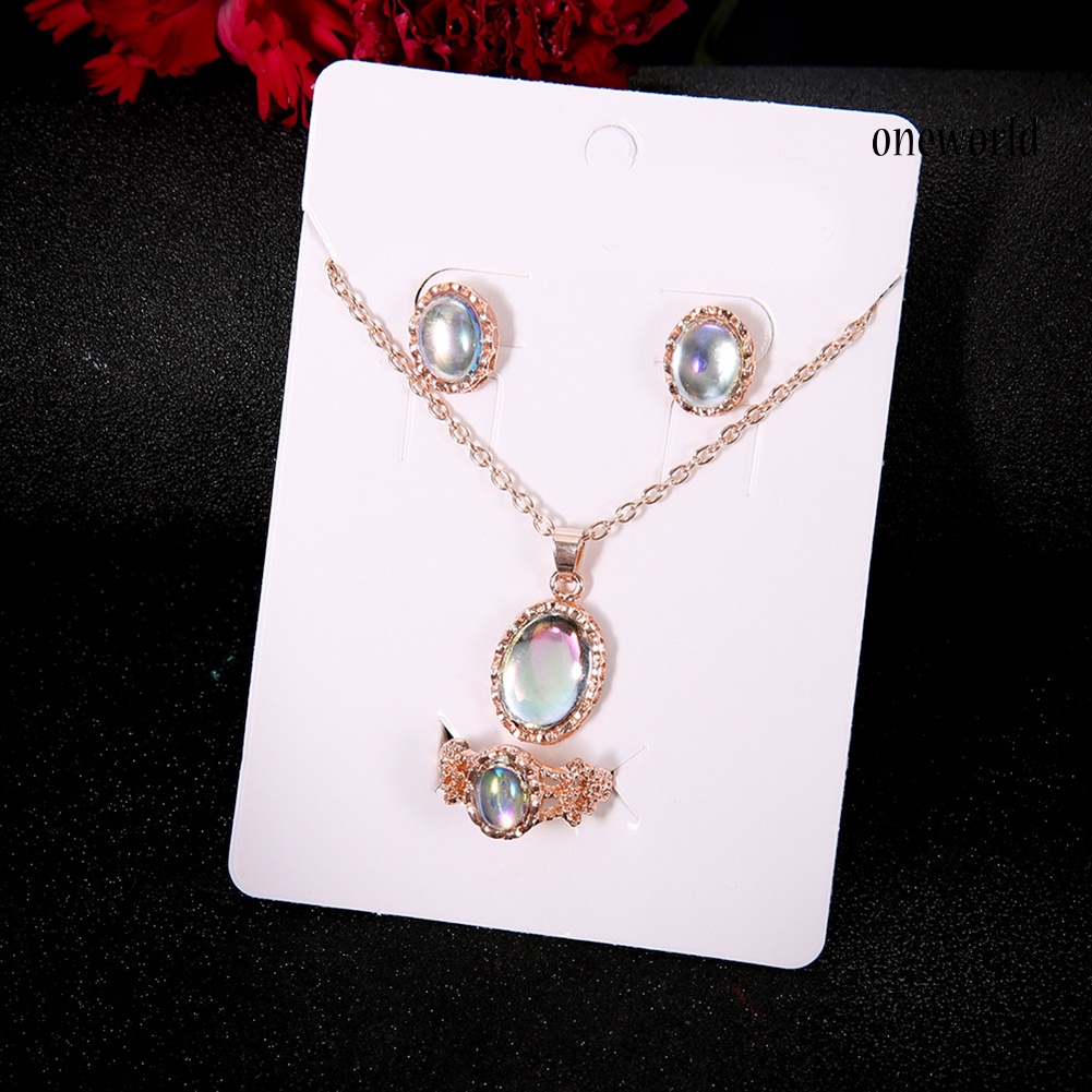 OW@ 3Pcs/Set Shiny Oval Faux Gemstone Charm Necklace Earrings Ring Women Jewelry