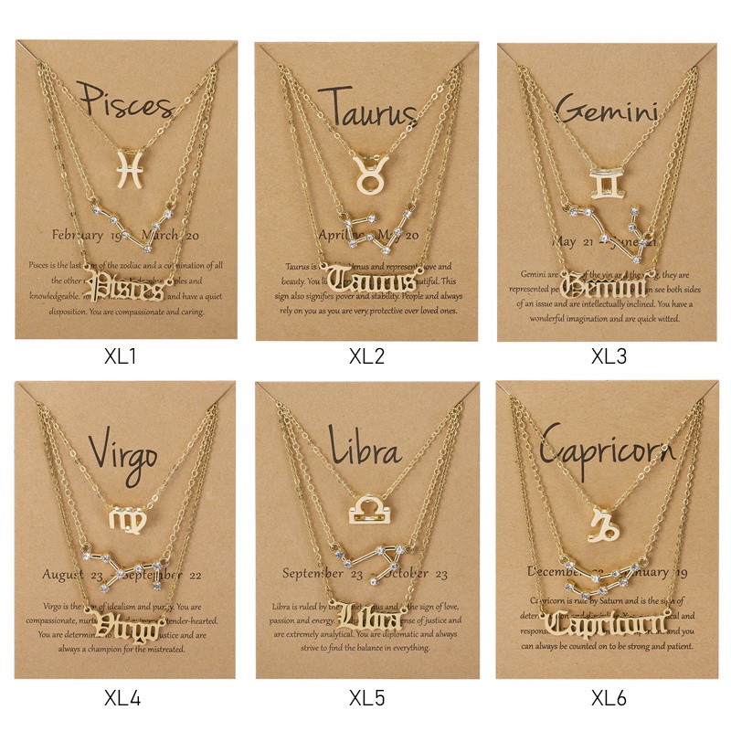 3pcs / Set Kalung Rantai Dengan Liontin Bentuk 12 Zodiak Kanker Leo Scorpio Warna Emas