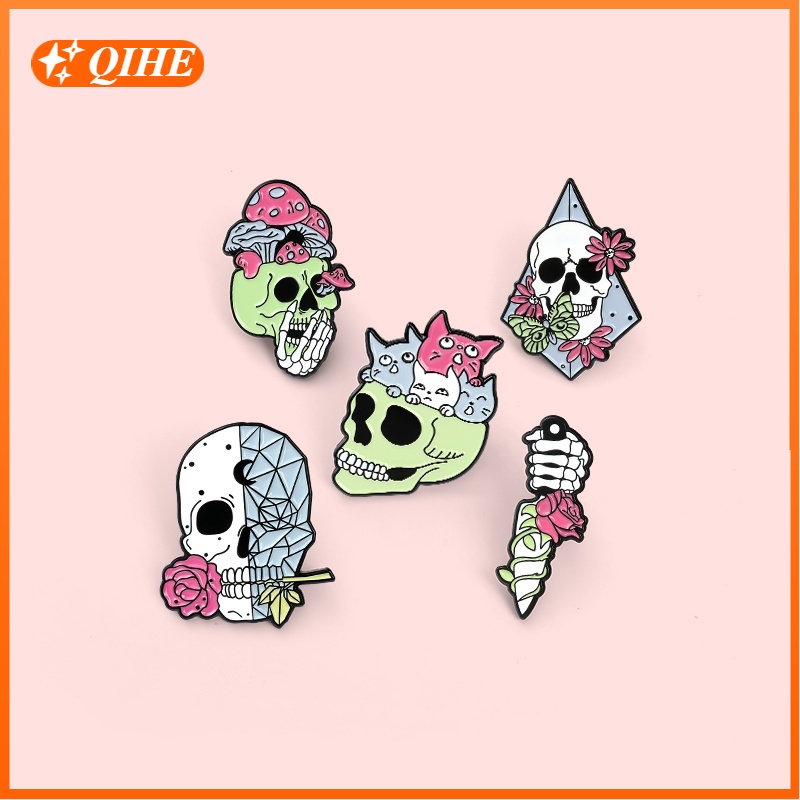 Bros Pin Enamel Bentuk Tengkorak Bunga 5 Gaya Punk Untuk Hadiah