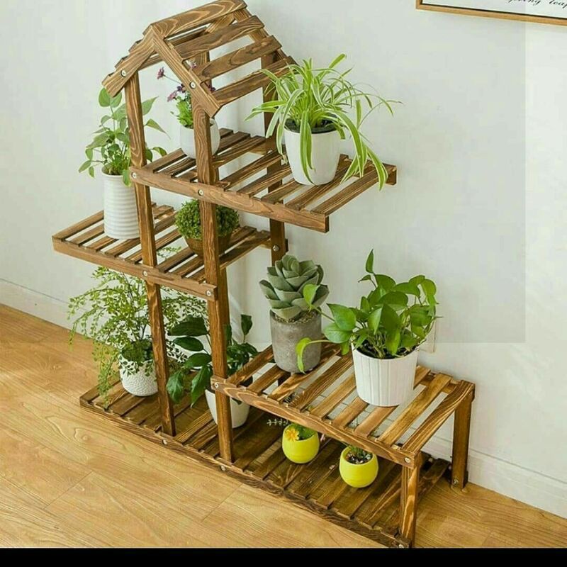 rak bunga unik minimalis cute wooden rack tower plant