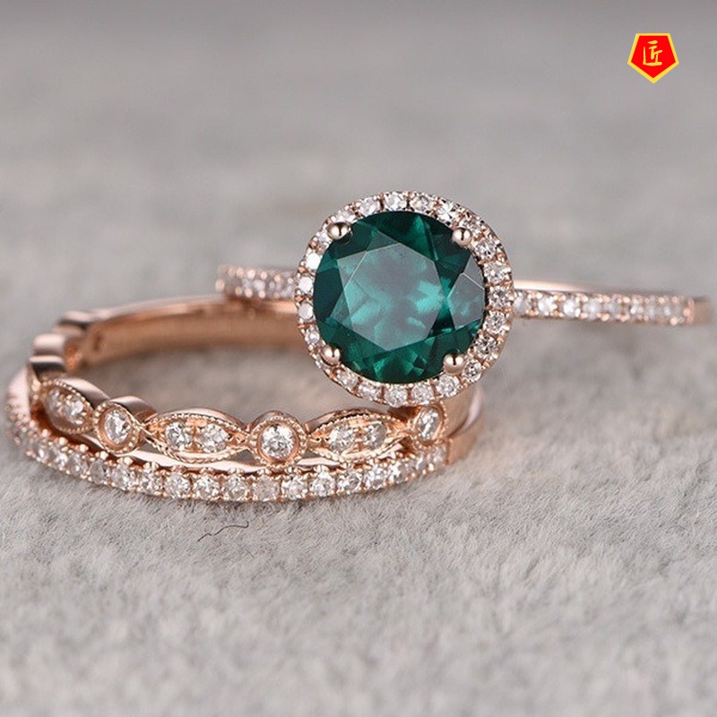 [Ready Stock]14K Rose Gold Micro-Inlaid Emerald Three-Piece Ring Set Elegant Graceful