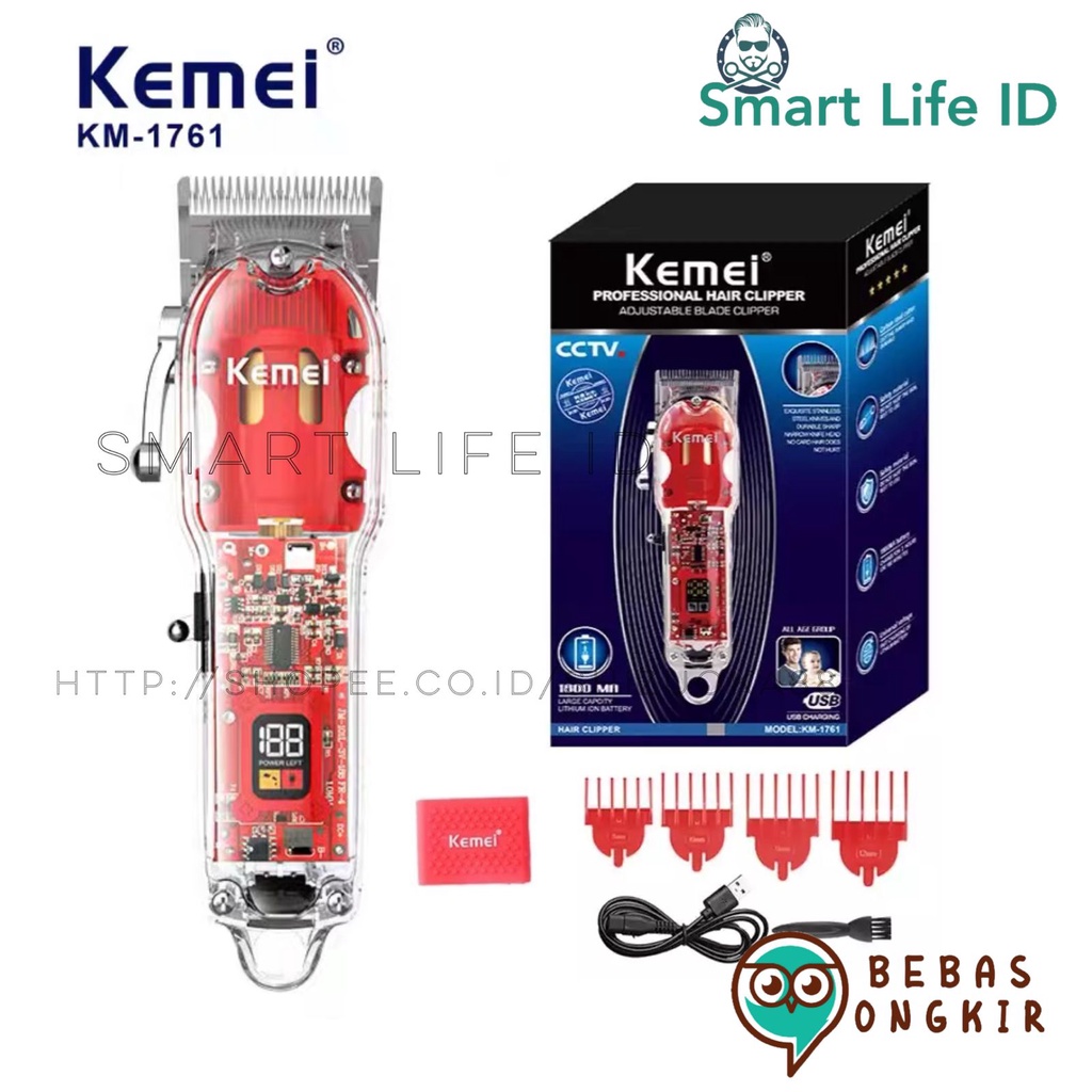 Alat Cukur Rambut Kemei KM 1761 Hair Clipper Electric Professional Transparant LCD Display Cukuran KM-1761