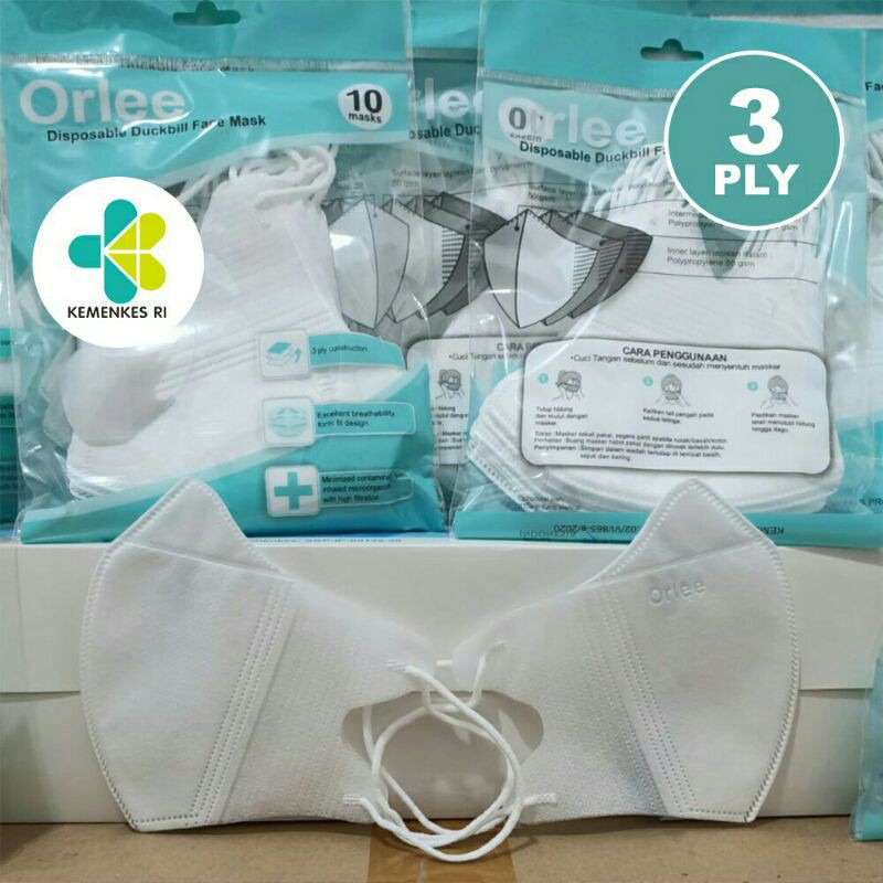 Masker Duckbill Original Orlee Emboss Earloop 3 Ply Izin Resmi Kemenkes Isi 10pcs &amp; 5pcs (repack) OK