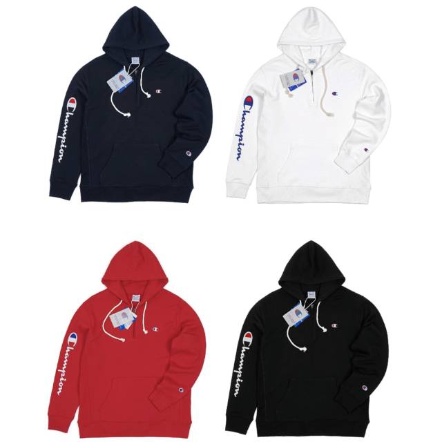 Hoodie Pria Champion Logo Embroidered Half Zip Original