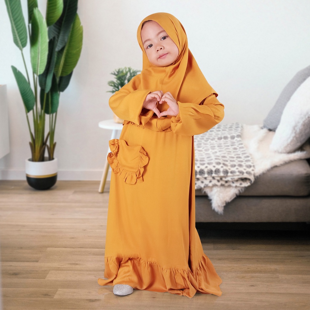 Set Gamis Humaira Anak Usia 1 Sampai 2 Tahun Bahan Rayon Twill Premium Polos Mustard
