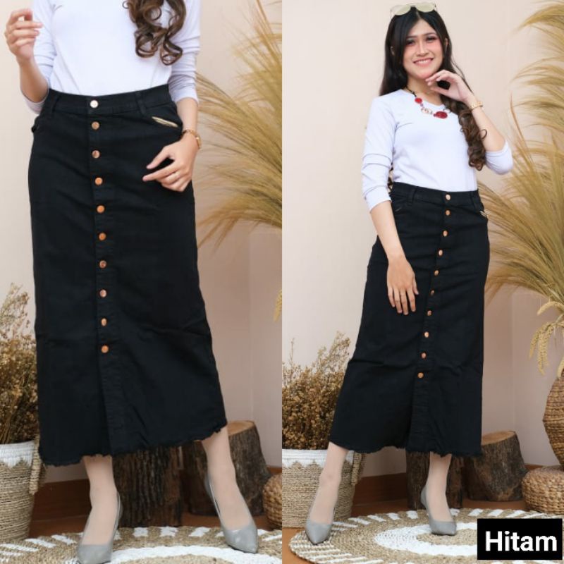 ROK PANJANG GISCA KANCING DEPAN// ROK BUTON MURAH// ROK RAWIS CANTIK-Hitam