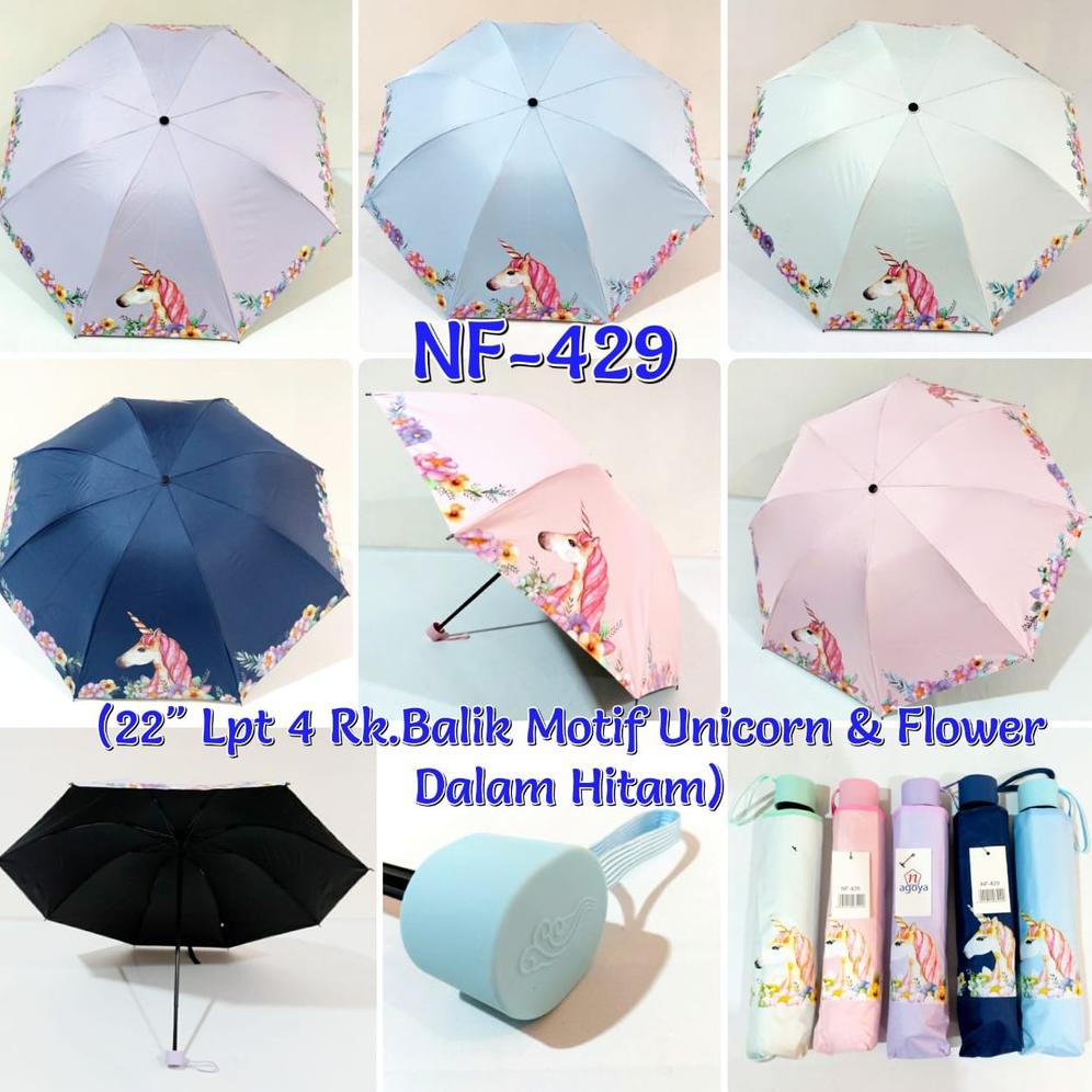 PAYUNG LIPAT 4 NAGOYA NF 429 MOTIF UNICORN & FLOWER DALAM HITAM TERLARISS...,,,,,