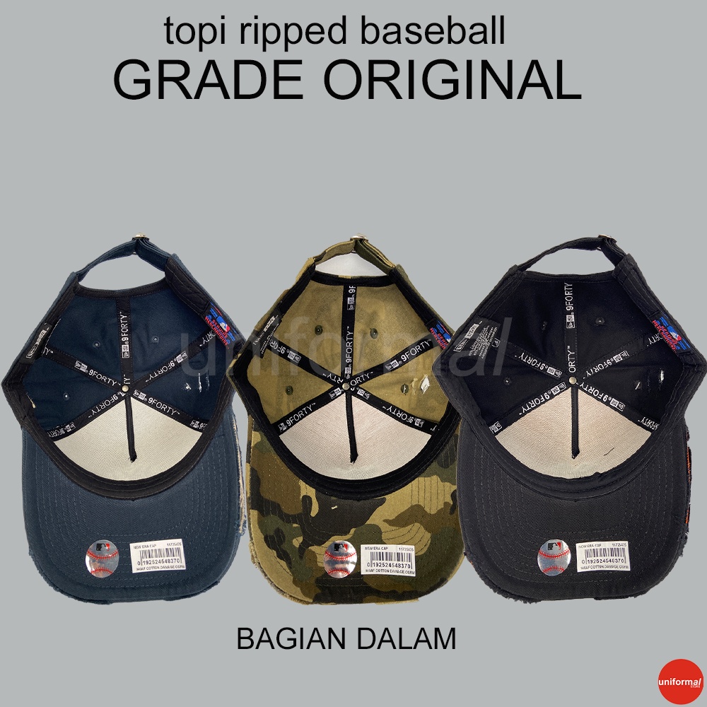 Topi Grade ORI Import Baseball Hat Damage Ripped Sobek NY , Topi Bisbol Cap Loreng Camo, Biru Hitam Pria Dewasa Ori Distro, YN Murah Premium 100% Anak Laki Wanita Unisex Bordir Polos Besball Bassball Basball