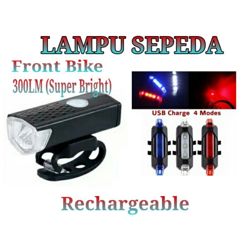 Lampu Sepeda Depan Belakang ANTI AIR Rechargeable Set (Include Baterai + Kabel Charge)