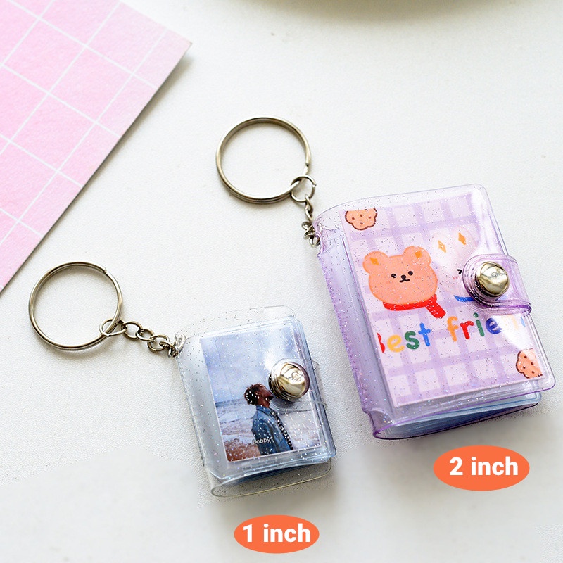 1 Inch Mini Photo Album 16 Pockets Shiny Transparent ID Card Holder Keychain Keyring Jelly Color INS KPOP Collectibles