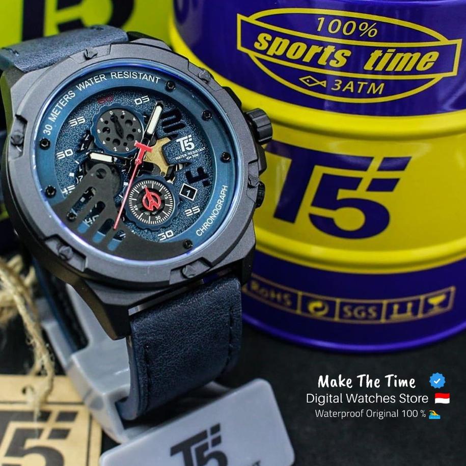 ⇓ Jam Tangan Pria T5 3703 Chronograph dan Tanggal Aktif Strap Kulit Original Waterproof ↻