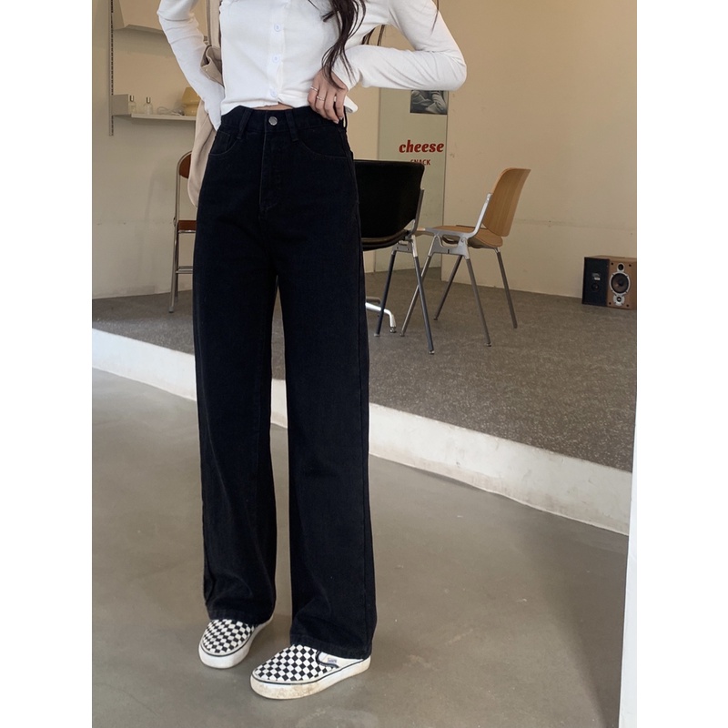 high waist  straight celana jeans panjang wanita hitam