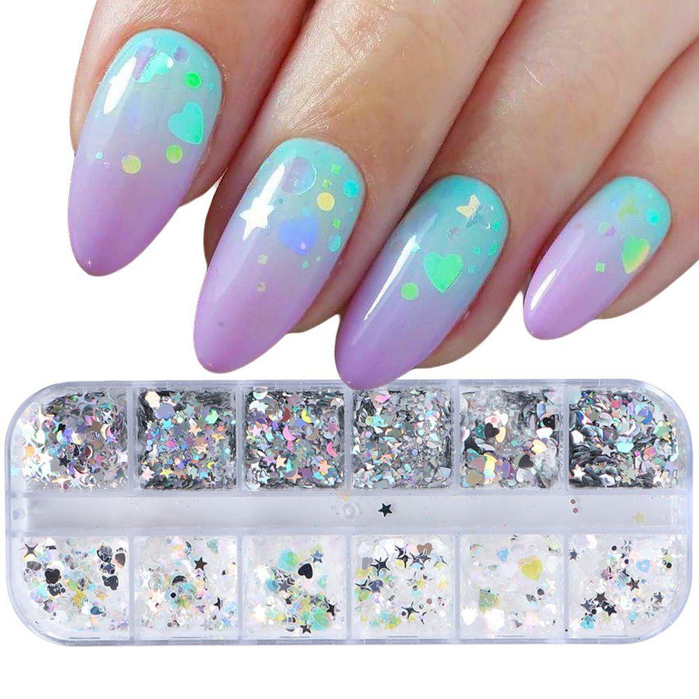 AUGUSTINA Agustina Hexagon Nail Sequin Laser Mermaid Shiny Love Heart Star Manicure Nail Art Dekorasi Geometris Seni Tubuh Sequin