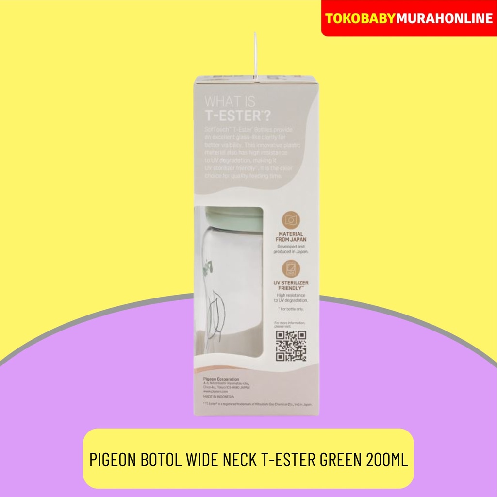 PIGEON BOTOL T-ESTER WIDE NECK 200ML LIGHT GREEN W/ P-PLUS NIPPLE / BOTOL SUSU