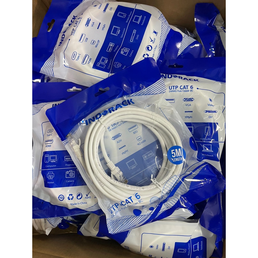 Patch Cord CAT6, 24AWG, 5 Meter Blue / White / Yellow - INDORACK 5 Meter