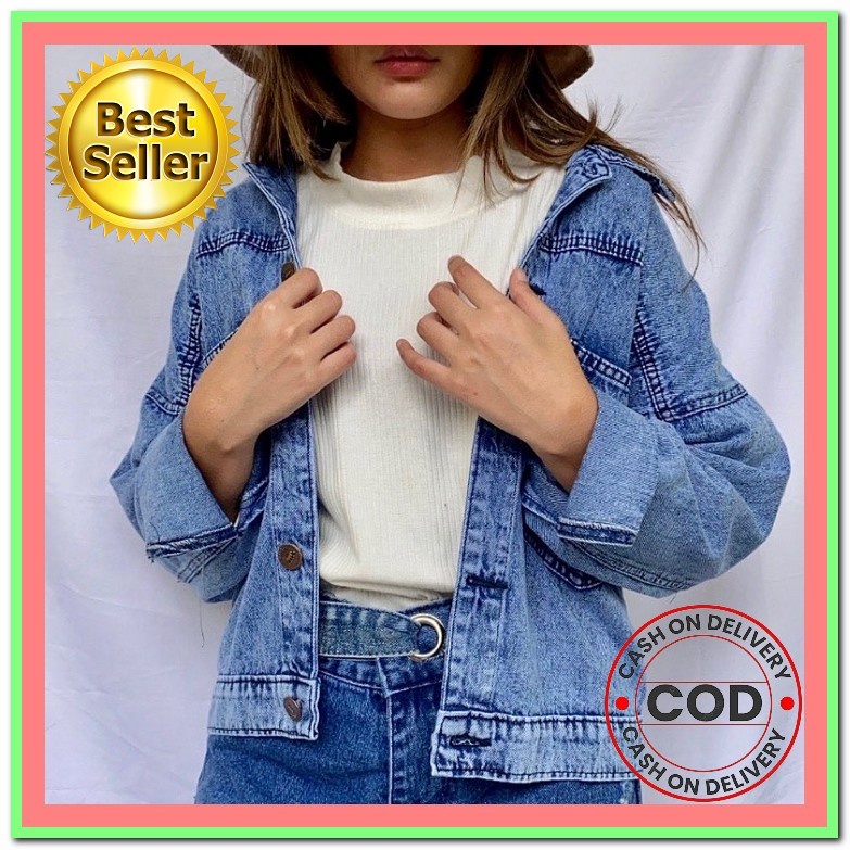 Jaket Denim Melar Stretch Big Jumbo Cewek Wanita Levis Oversize Pocket Crop Pearl Denim Jacket [Jake