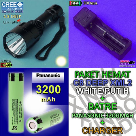 Senter C8 Ultrafire Cree XML2 Sinar Putih (Paket Hemat 2)