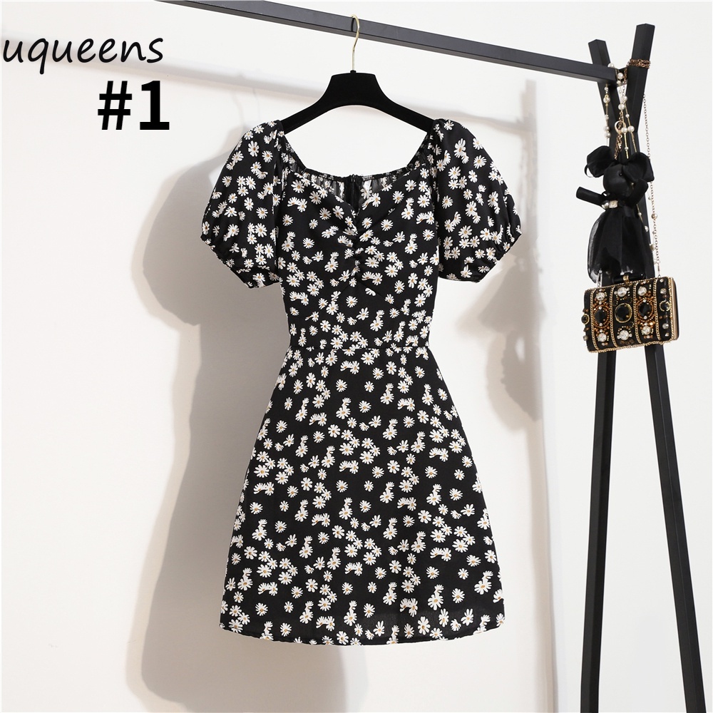 Dress Bunga Lengan Pendek V-Neck Wanita dengan Sablon Bunga Daisy