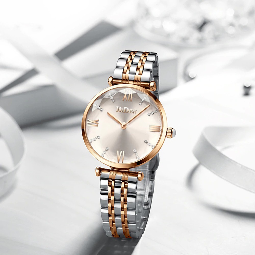 BIDEN Jam Tangan Wanita Mode Santai Tali Stainless Steel Display Kuarsa Tahan Air Jam Tangan Cewek-5
