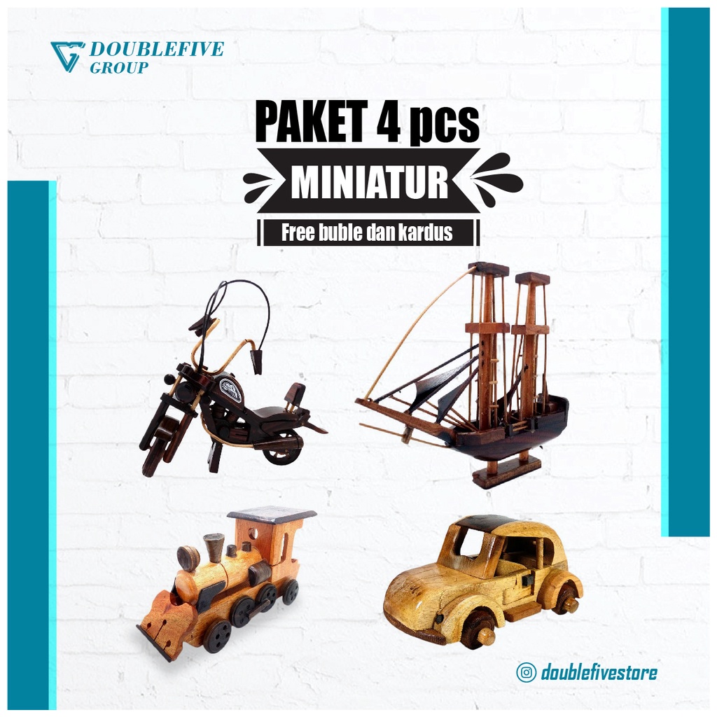 Miniature Paket J isi 4pcs - Miniatur dari kayu [Kereta,VW, Harley,Kapal Pinisi]