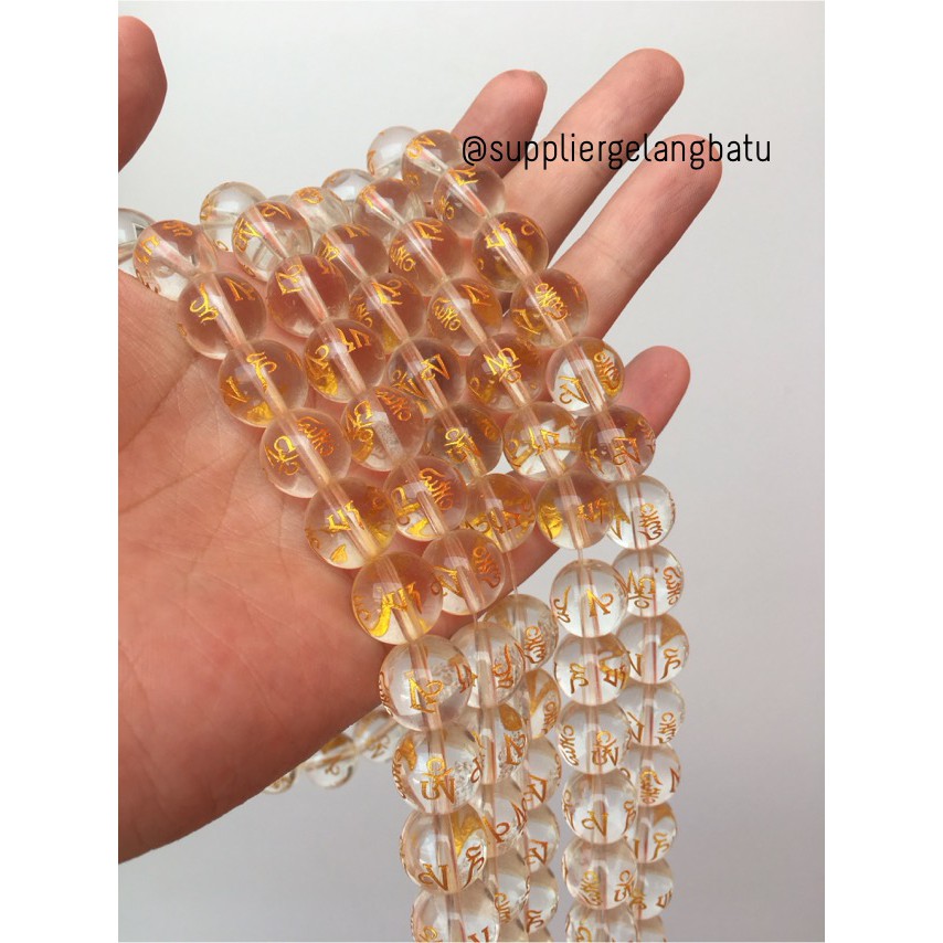 Bongkah Tibet Hoki Putih Clear Quartz 12mm Kuarsa Om Mani Padme Hum Perhiasan Aksesoris Kristal Akik