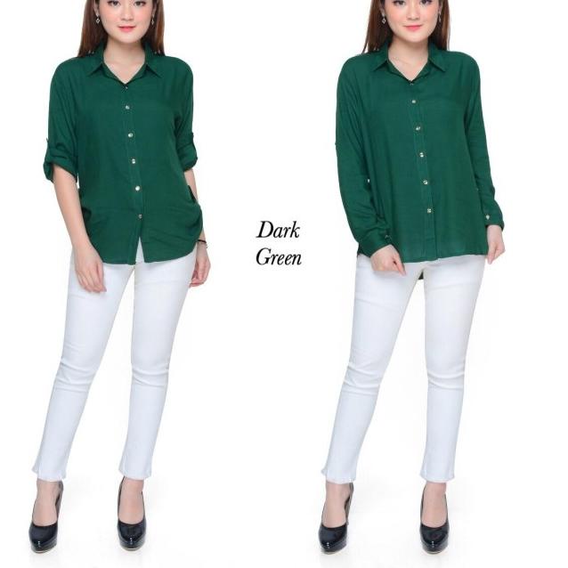 ➯ Atasan Kemeja Wanita Basic Rayon Hijau Botol fit to XL ➼