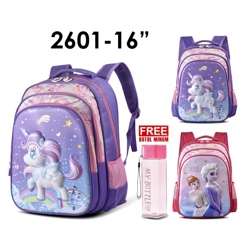 (RF) Tas Sekolah Cartoon 2601 -16 Inch Tas Ransel Timbul Cartoon Anak SD Import Motif Frozen &amp; Unicorn