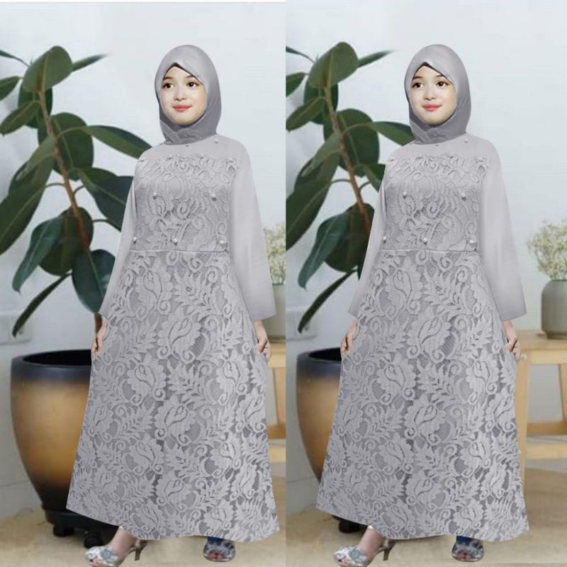 BAJU DRESS GAMIS KID KIDS ANAK WANITA PEREMPUAN MUSLIM BRUKAT BROKAT BUNGA IMPORT PREMIUM PESTA KONDANGAN UMROH NAIK HAJI AURORA KIDS DRESS UMUR 4 5 6 7 8 9 10 11 12 13 TAHUN WARNA POLOS ABU ABU GREY MUDA TUA