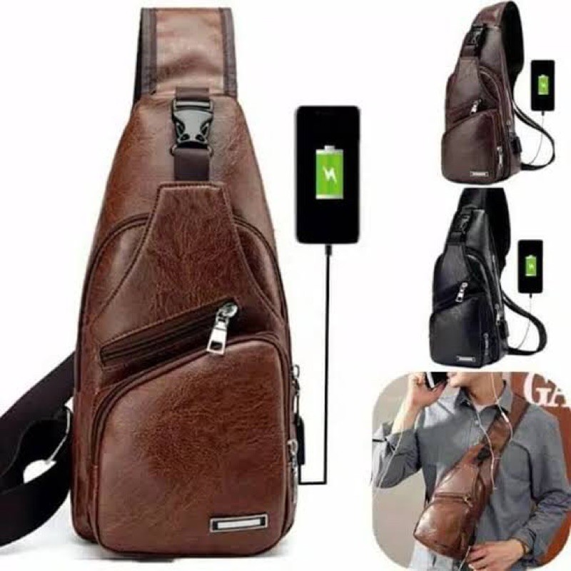 TAS PRIA Slempang USB Cowok Sling Bag WAIST BAG Kulit Premium PU USB Port