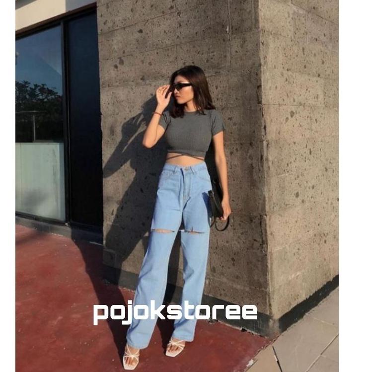 な HIGHWAIST KULOT JEANS SOBEK LUTUT LOOSE WANITA SNOW JEANS DENIM CELANA KULOT SOBEK BOYFRIEND RIPPE